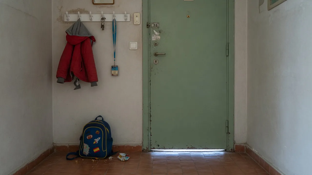 Mochila junto a la puerta de casa, de mañana, sin nadie.