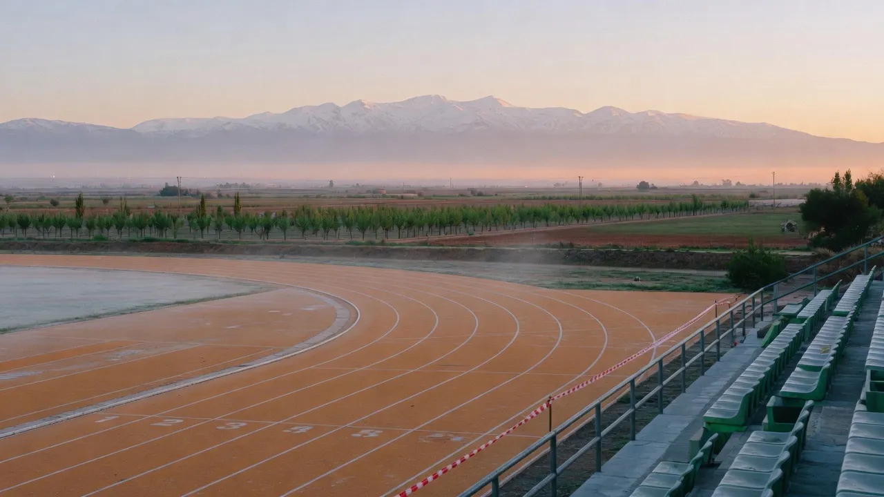 Pista de atletismo vacía, Sierra Nevada al fondo.