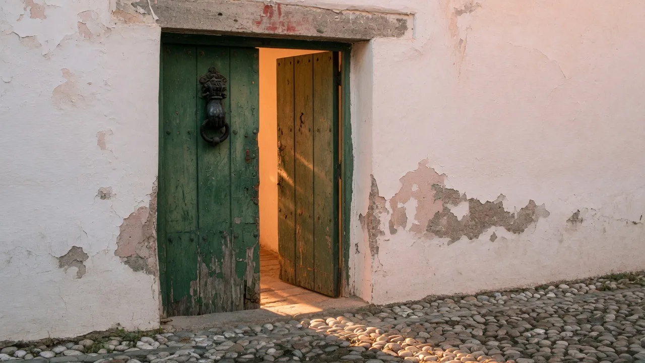 Puerta entreabierta en una calle de Granada, sin personas.
