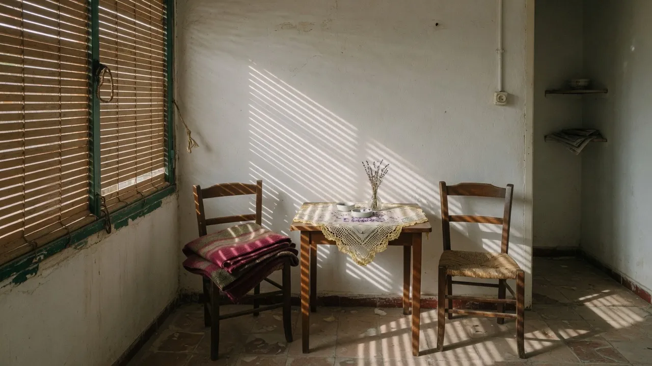 Sala vacía con luz de persiana, visita a domicilio.