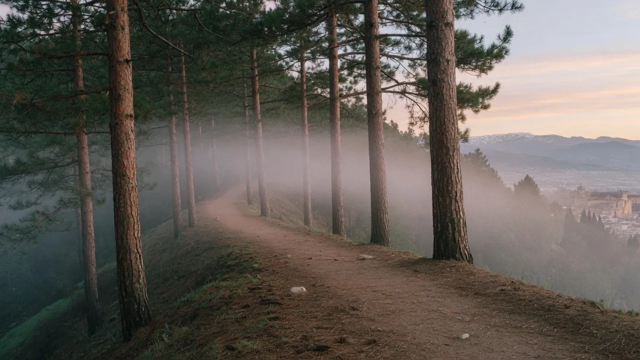 Sendero de pinos sobre Granada, sin personas.
